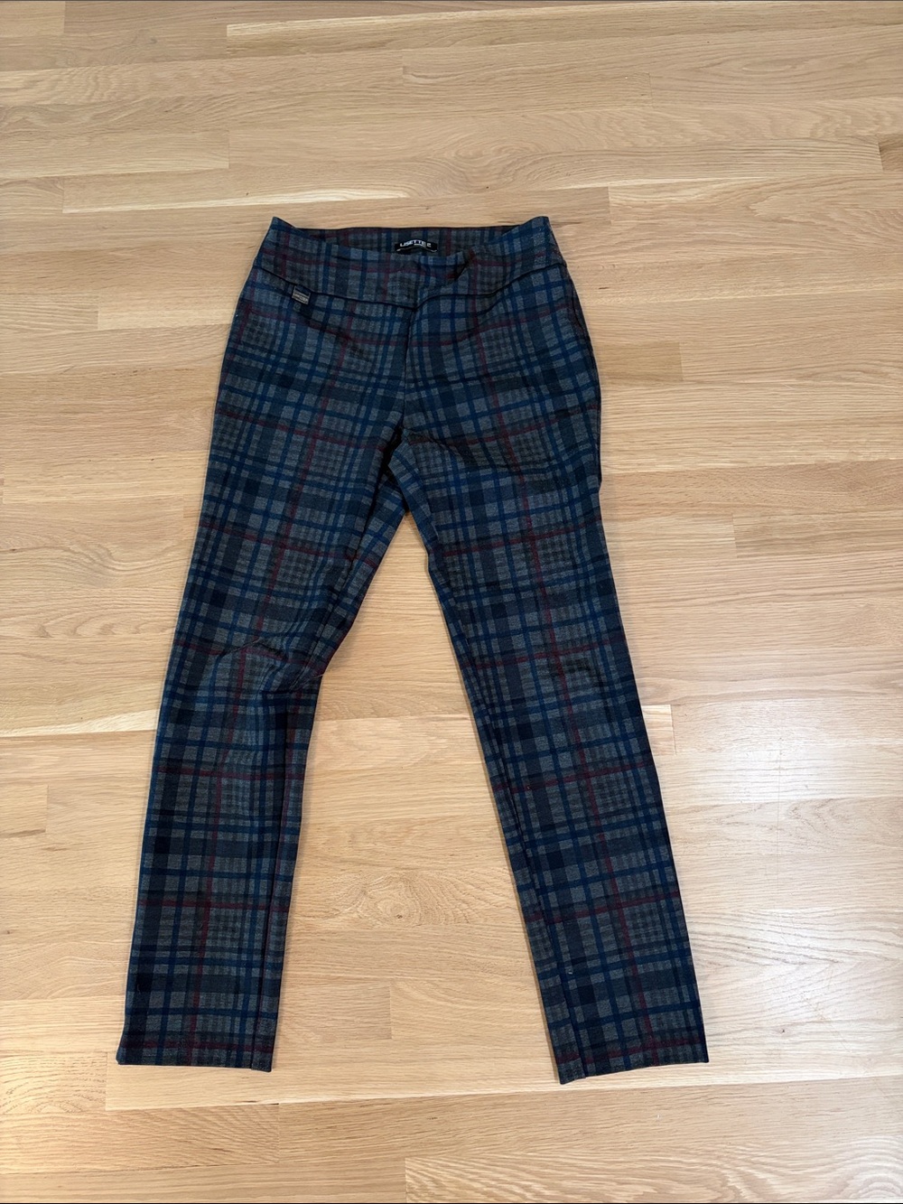 LISETTE Women's Straight Leg Plaid Pants in Navy and Gray with Burgundy Accents
